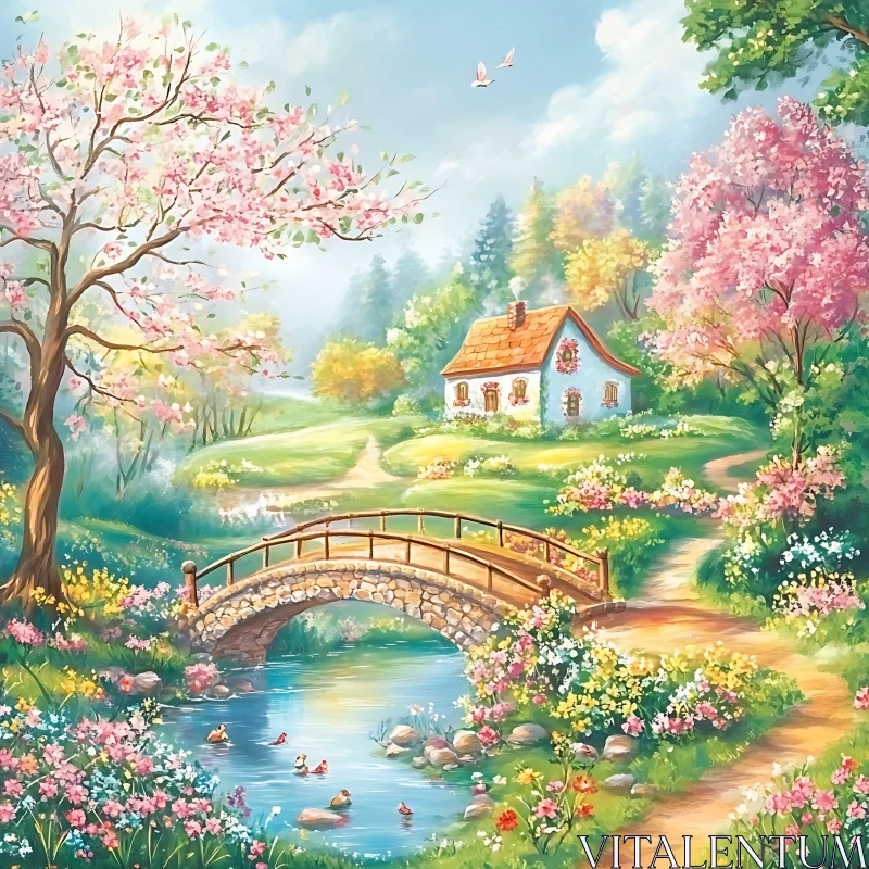 Tranquil Cottage with Stone Bridge and Flowering Garden AI Image