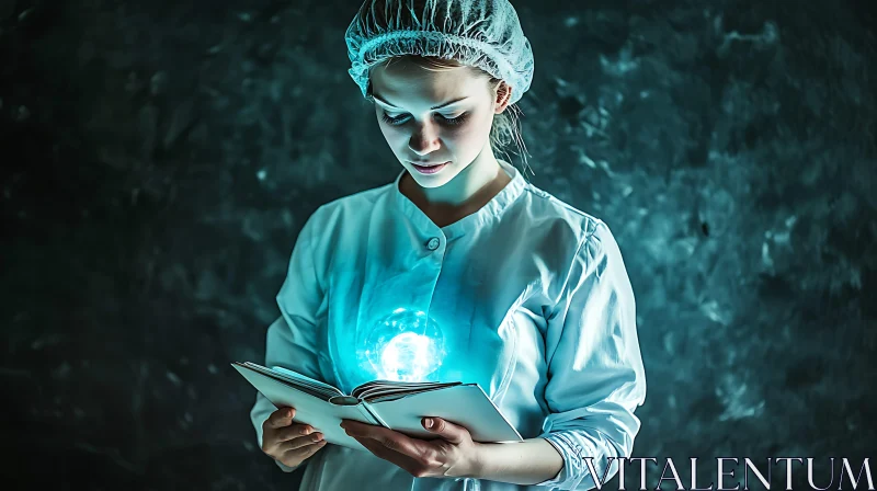 Woman Reading a Glowing Book AI Image