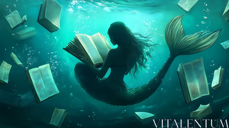 AI ART Underwater Mermaid Reading Books Art