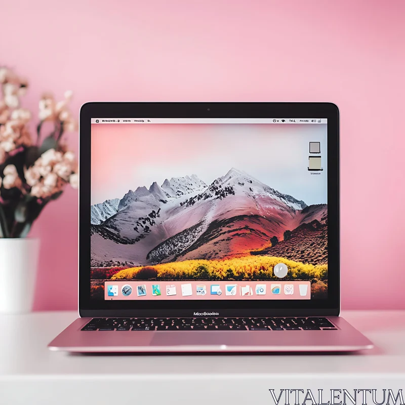 Sleek Laptop on Desk with Mountain Landscape AI Image