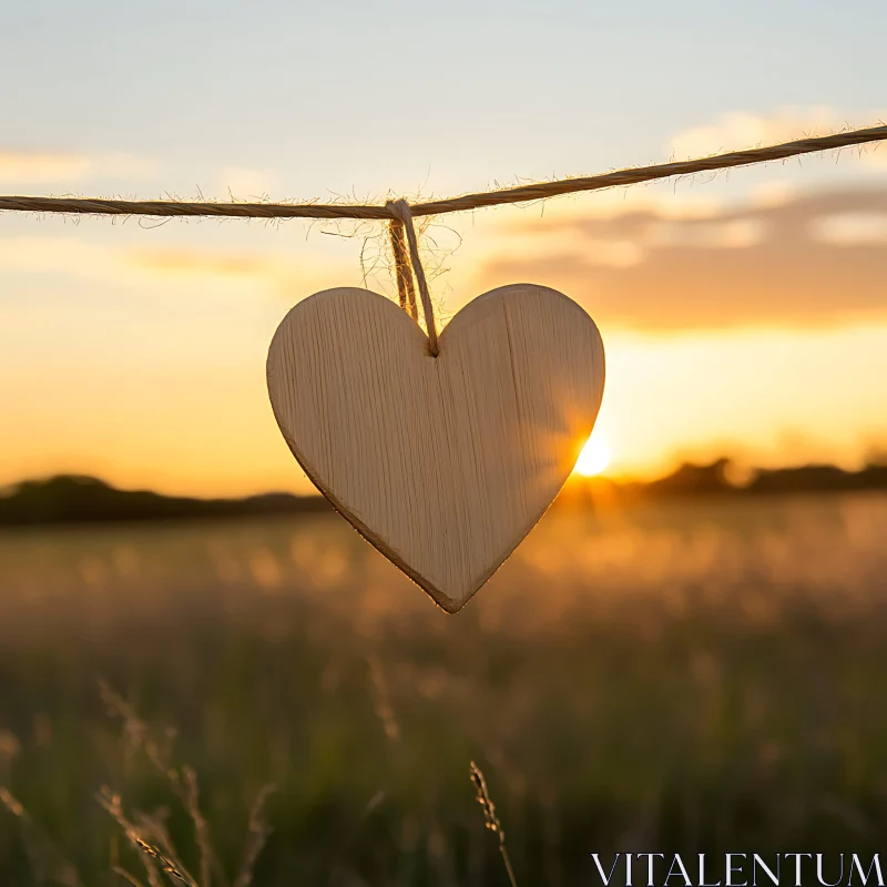 AI ART Wooden Heart Hanging at Sunset