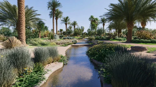 Oasis Landscape with Flowing Stream and Palm Trees