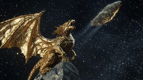 Mythical Golden Dragon in Starry Night