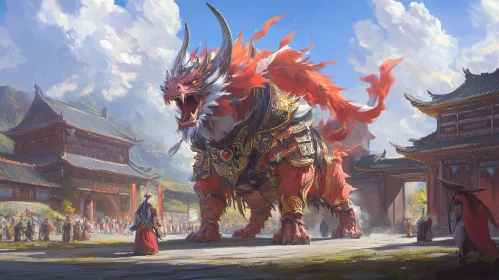 Fantasy Dragon Amidst Asian Architecture