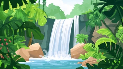 Serene Waterfall Amidst Lush Tropical Plants
