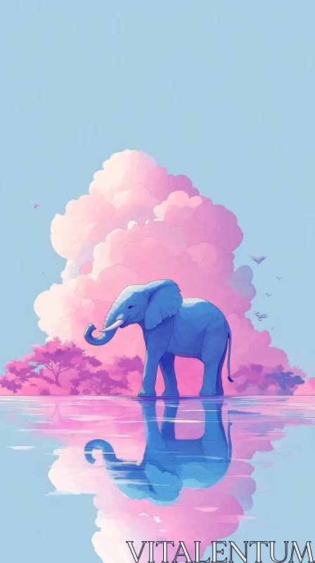 Dreamy Blue Elephant with Pink Clouds AI Image