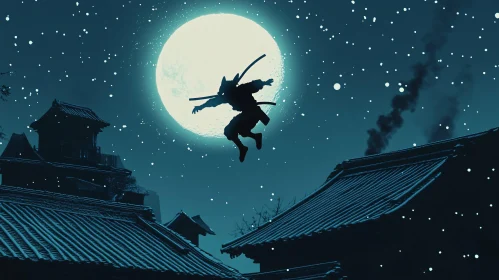 Silhouette of Ninja in Night Scene