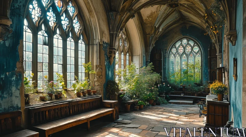 Enchanting Vaulted Room with Stained Glass Windows and Lush Plants AI Image