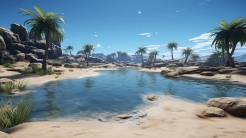 Engaging Desert Landscape with Water and Palm Trees