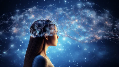 Ethereal Art: Woman's Head Surrounded by Brain Networks on Space Background
