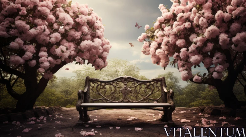 AI ART Romantic Cherry Blossom Scene Featuring Bench and Butterflies