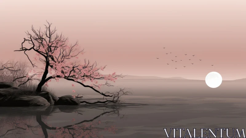 Serene Sunrise: Lake View with Cherry Blossom Tree AI Image