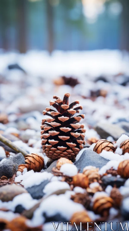 Winter's Elegance: Pine Cone Portrait in Snowy Forest AI Image