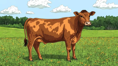 Cow Grazing in Sunlit Field