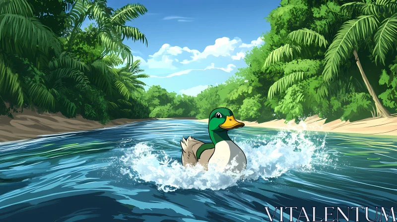 Animated Duck in Tropical River Scene AI Image