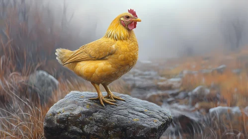 Chicken in Foggy Landscape