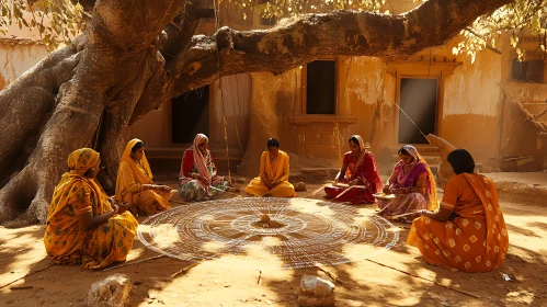 Women Drawing Circle Pattern on Ground