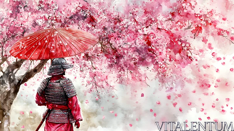 Watercolor Samurai with Red Umbrella Painting AI Image