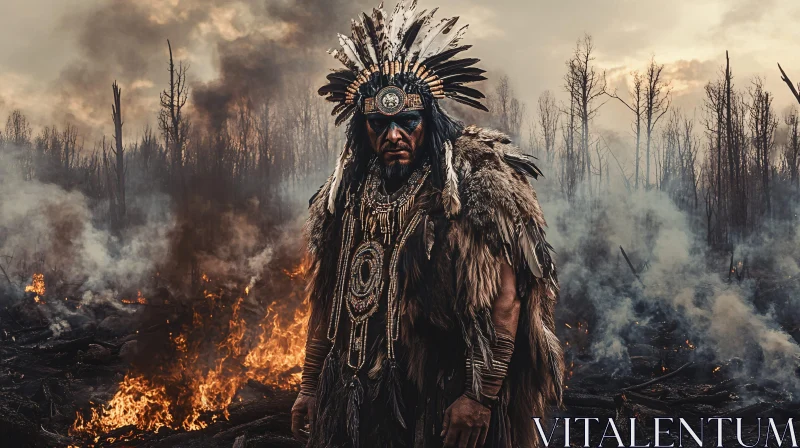 AI ART Man in Tribal Clothes Standing Near Fire