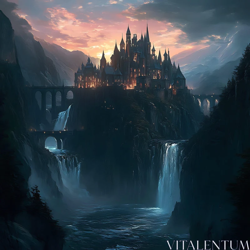 AI ART Fantasy Castle Landscape with Waterfalls