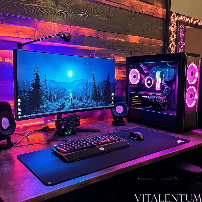 RGB Lit Gaming Desk Setup with Ultrawide Display AI Image