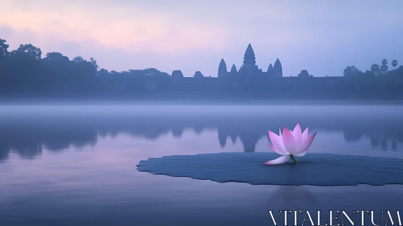 Serene Lotus and Temple Landscape AI Image