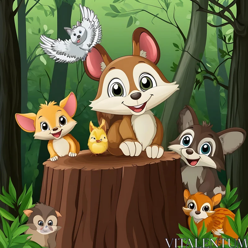 Adorable Forest Creatures in Cartoon Style AI Image