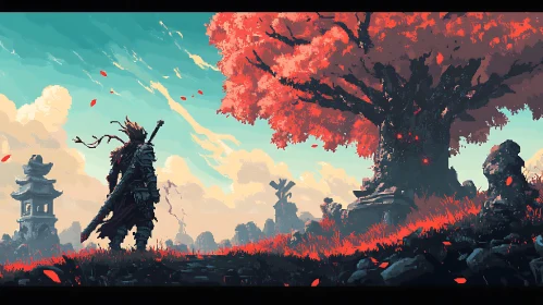 Pixelated Warrior in Tranquil Landscape