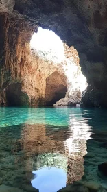 Sunlit Cave with Brilliant Water Reflections