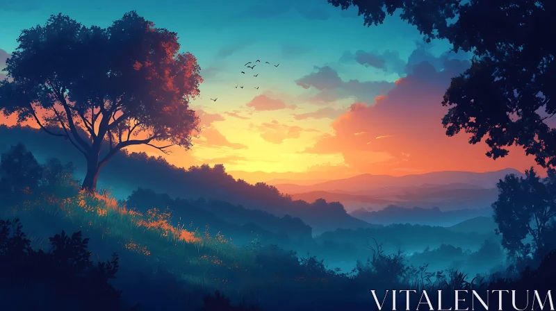 Peaceful Sunset Over Mountain Vista AI Image