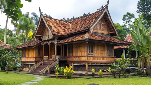 Ornate Wooden House with Multi-Tiered Roof