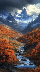 Autumn Forest and Serene River at the Base of Majestic Mountains