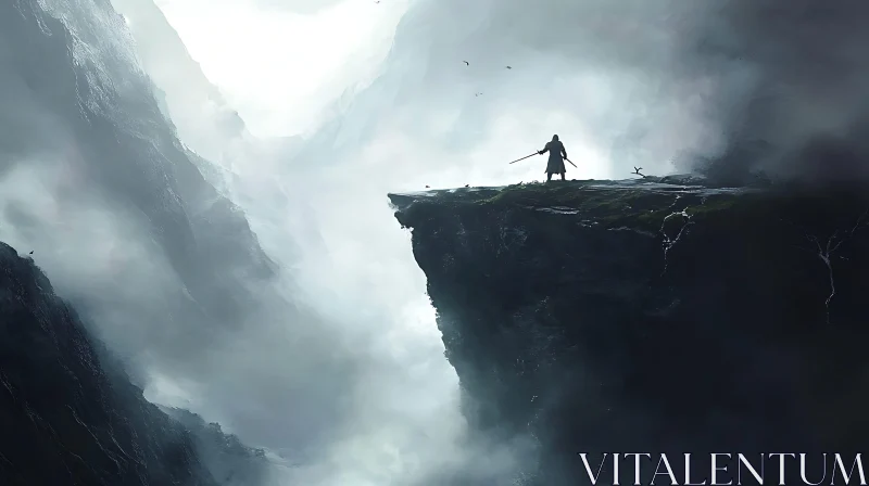 Silhouette of Warrior in Mountain Fog AI Image