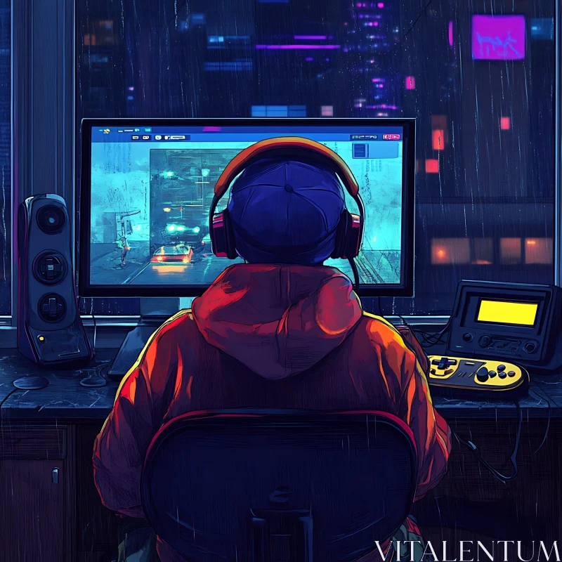 Gamer in Urban Neon Night AI Image