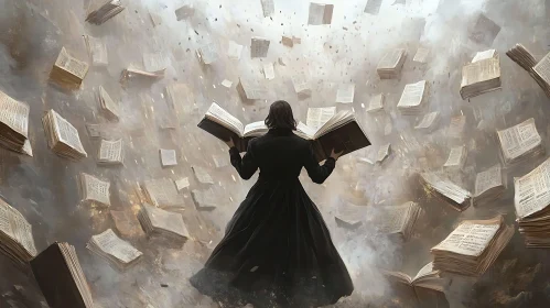 Woman Surrounded by Floating Books Art