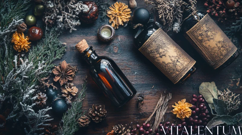 Rustic Winter Still Life with Dark Bottles AI Image