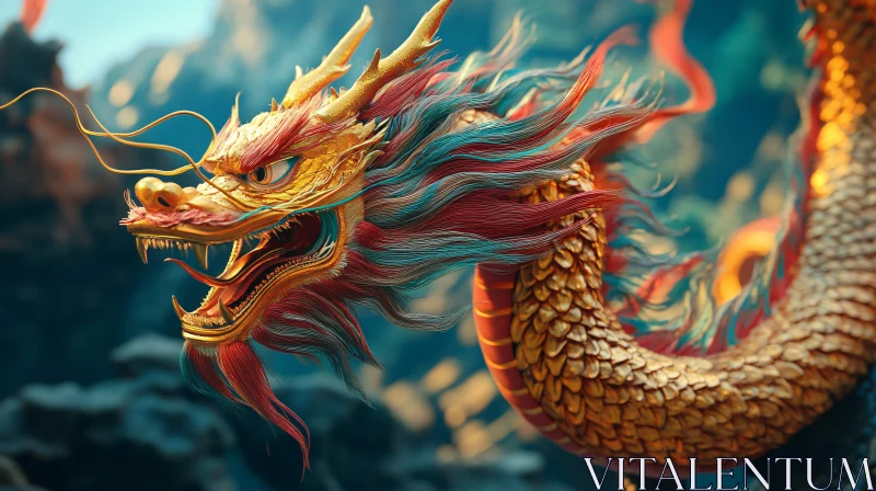 Mystical Golden Dragon with Colorful Mane AI Image