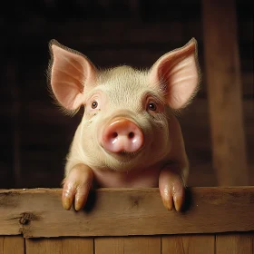 Adorable Piglet Gazing Over Wooden Fence