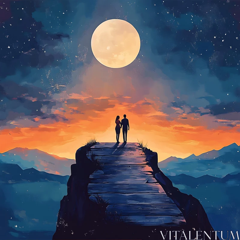 Silhouette Couple Moonlit Landscape AI Image