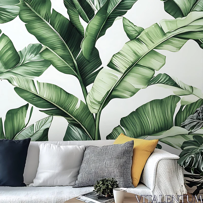 Stylish Interior with Banana Leaf Mural and Cozy Sofa AI Image