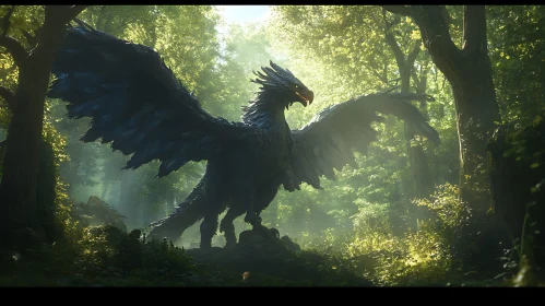 Mythical Griffin in Sunlight Forest