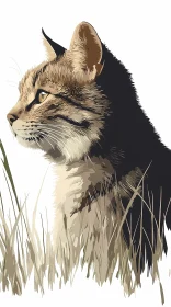 Profile of Wild Cat in Grass Illustration