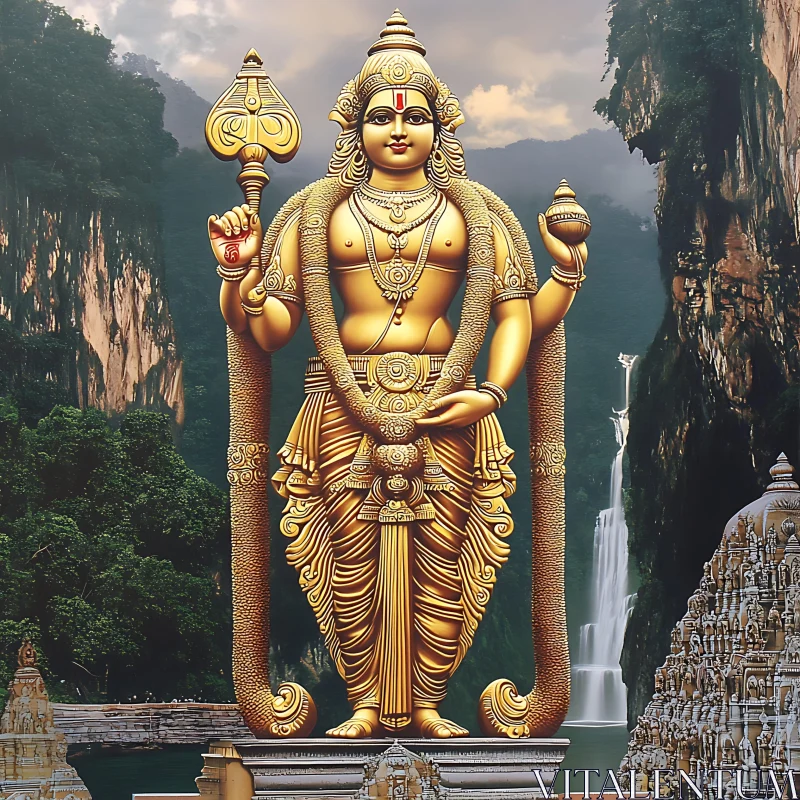 AI ART Golden God Statue with Waterfall Backdrop