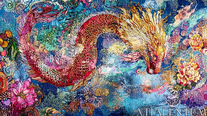 AI ART Mythical Dragon in Floral Tapestry