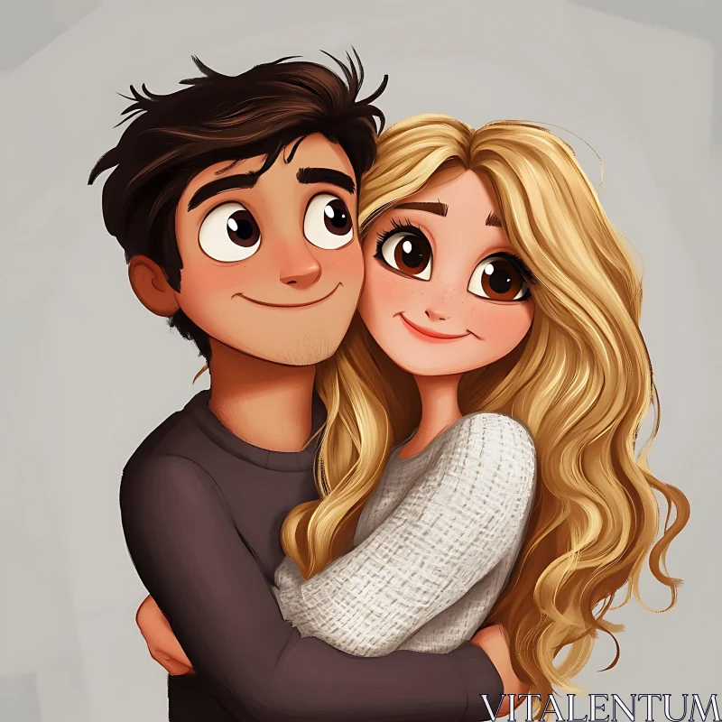 Cartoon Illustration of Loving Couple AI Image