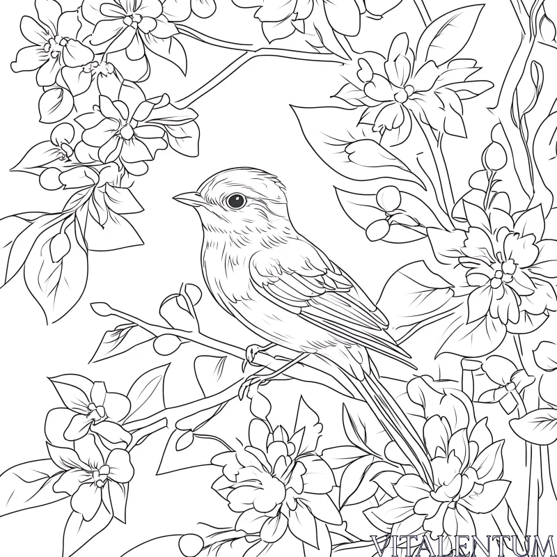 Elegant Bird on Floral Branch Illustration AI Image