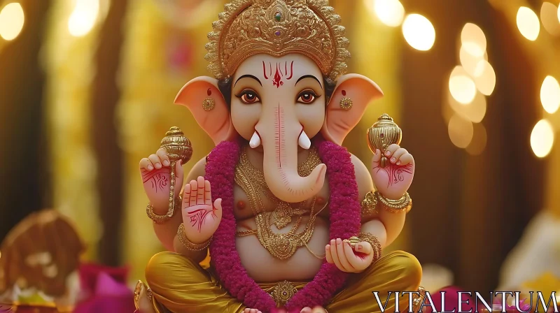 Ganesha Statue with Pink Garland AI Image