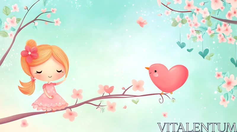 Sweet Girl and Bird Spring Artwork AI Image