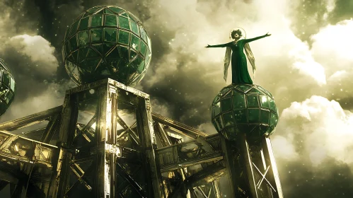 Futuristic Spheres and Figure in the Sky