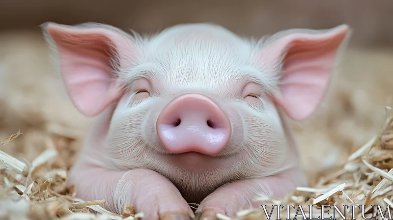 Peaceful Piglet Resting in Straw AI Image